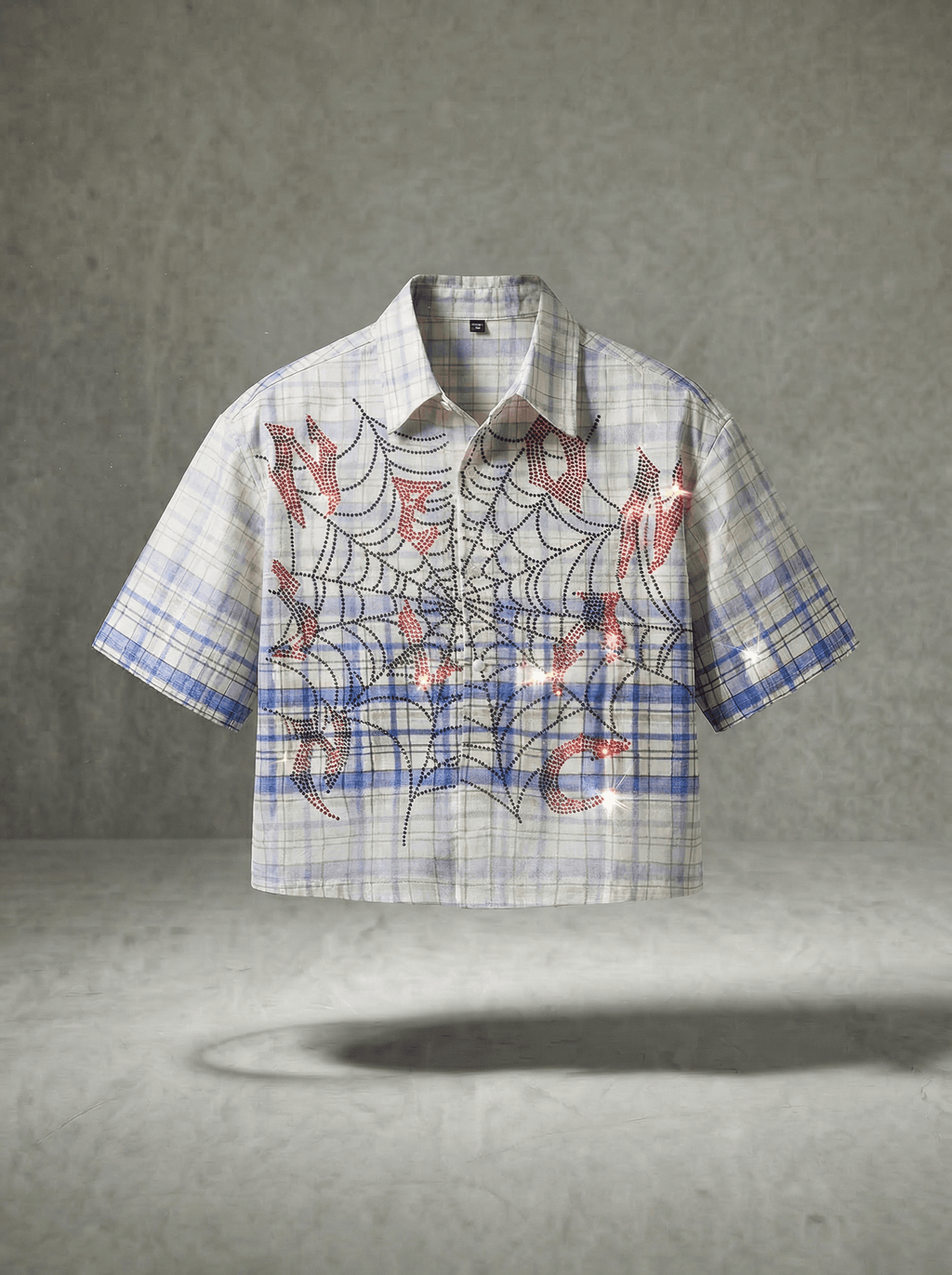 NEON SPIDERWEB RHINESTONE PLAID SHIRT