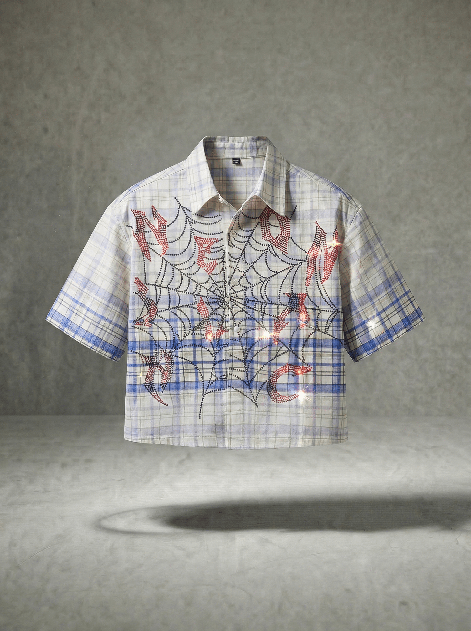 NEON SPIDERWEB RHINESTONE PLAID SHIRT