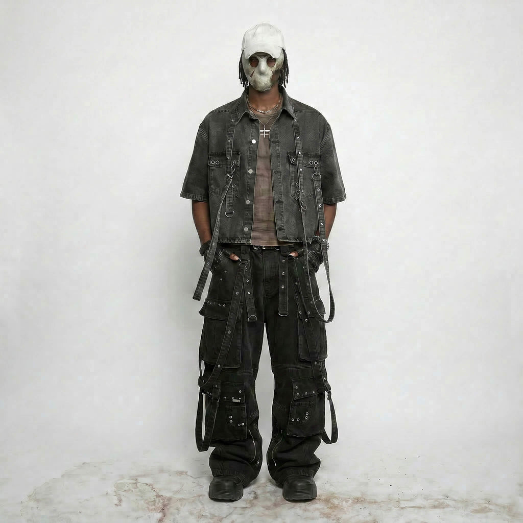 STRAP HARNESS DENIM SHORT SLEEVE SHIRT