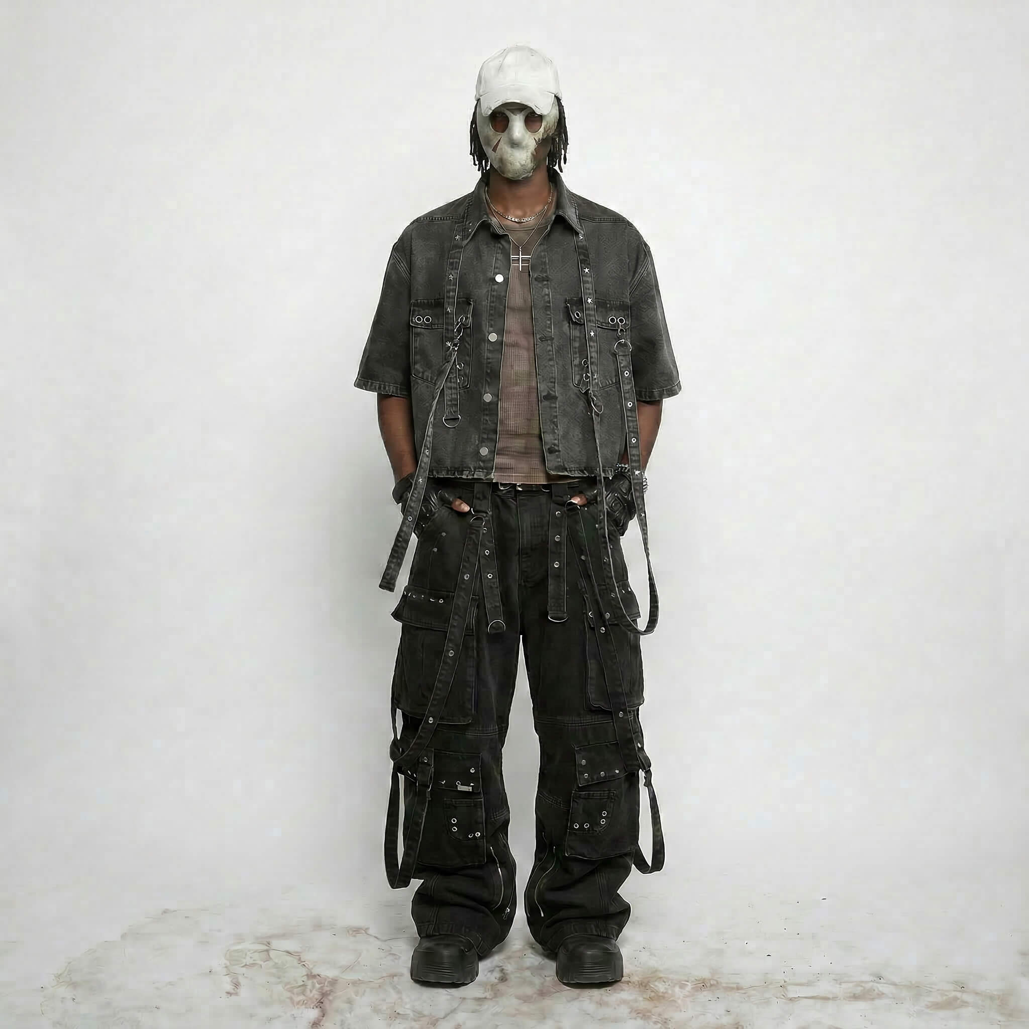 STRAP HARNESS DENIM SHORT SLEEVE SHIRT