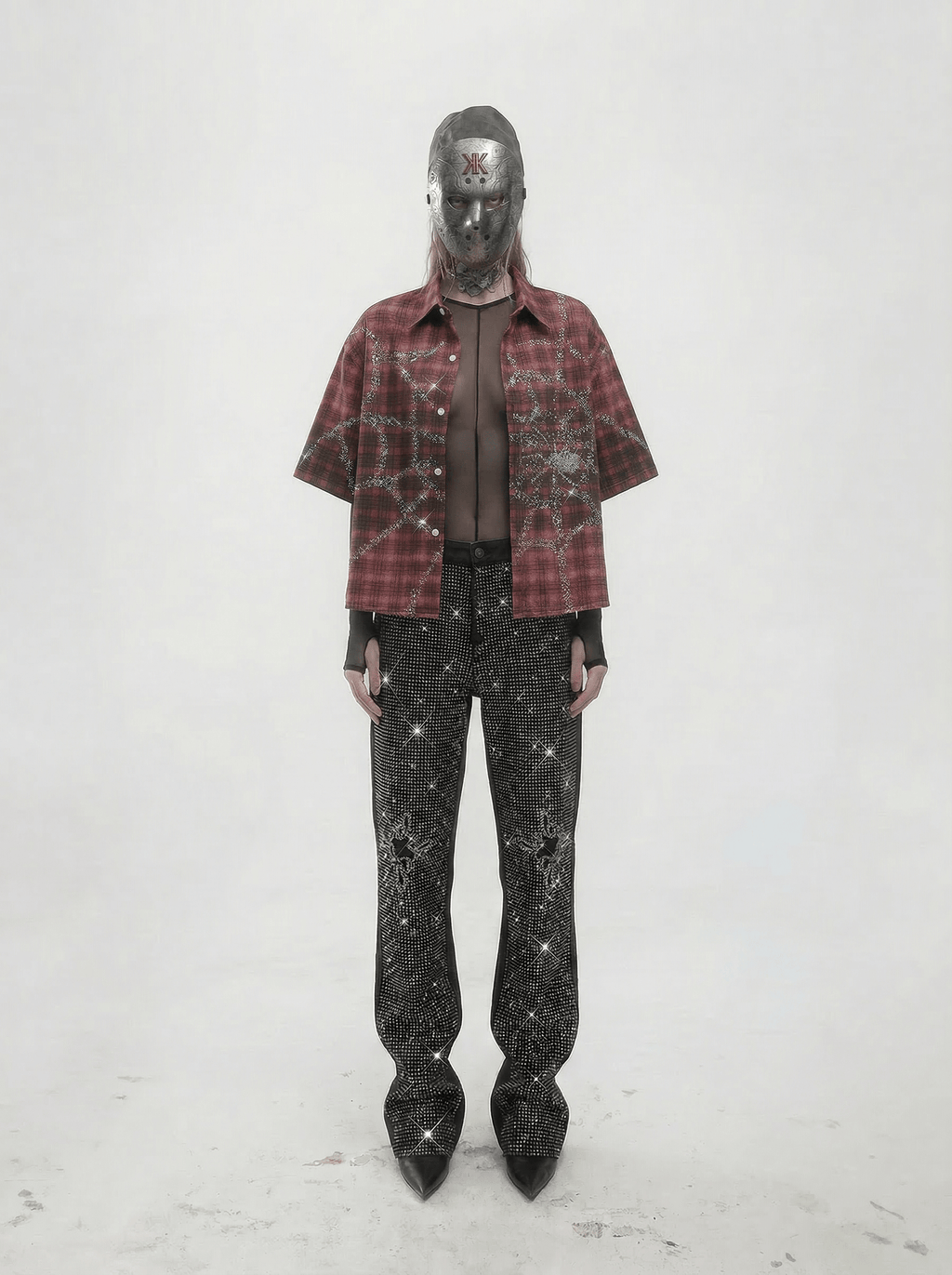 SPIDERWEB RHINESTONE PLAID SHIRT