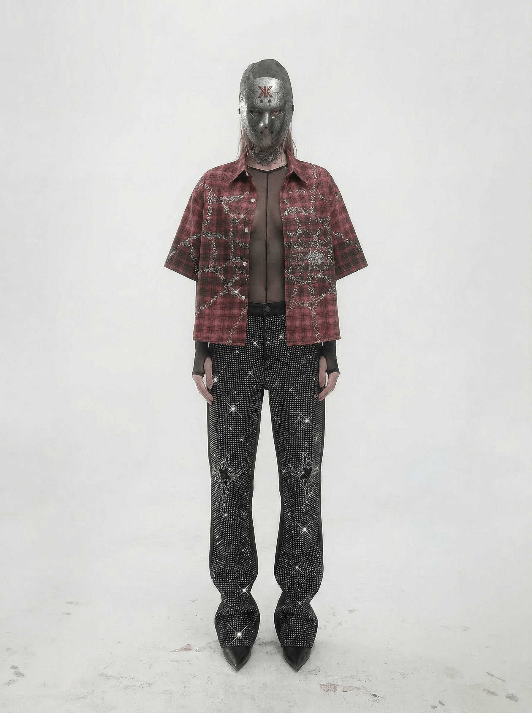 SPIDERWEB RHINESTONE PLAID SHIRT