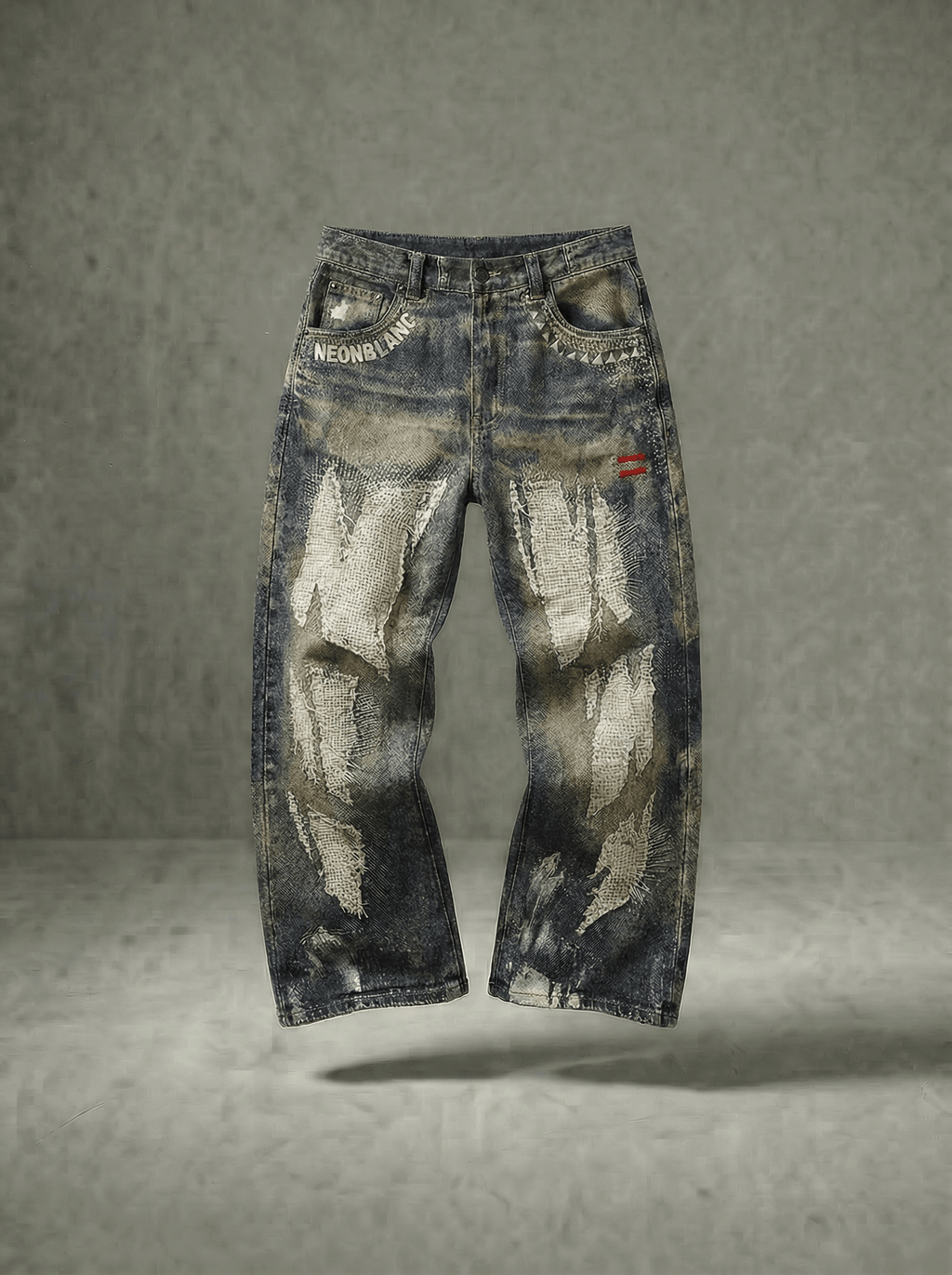 DISTRESSED PATCHWORK STUDDED BALLOON JEANS