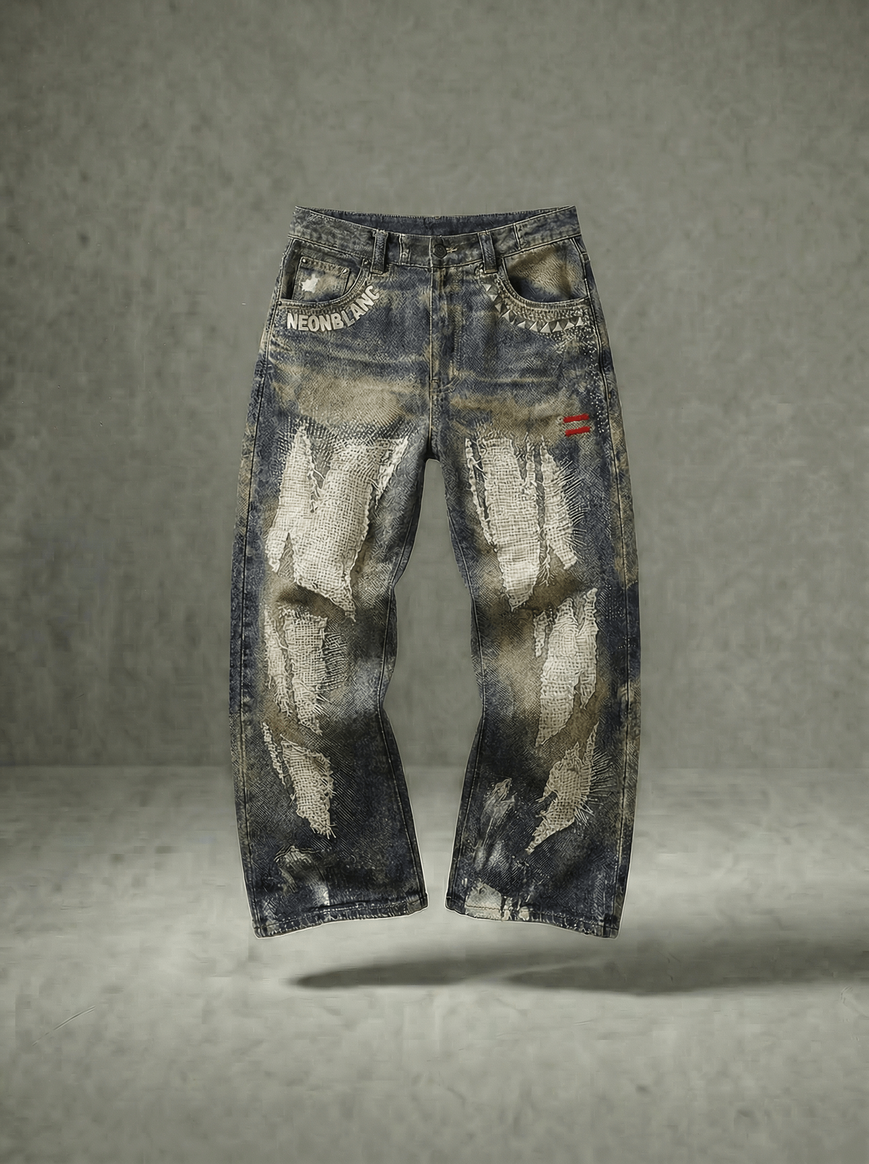 DISTRESSED PATCHWORK STUDDED BALLOON JEANS