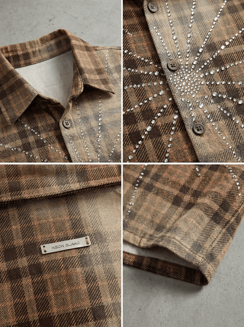 SPIDERWEB RHINESTONE BROWN PLAID SHIRT