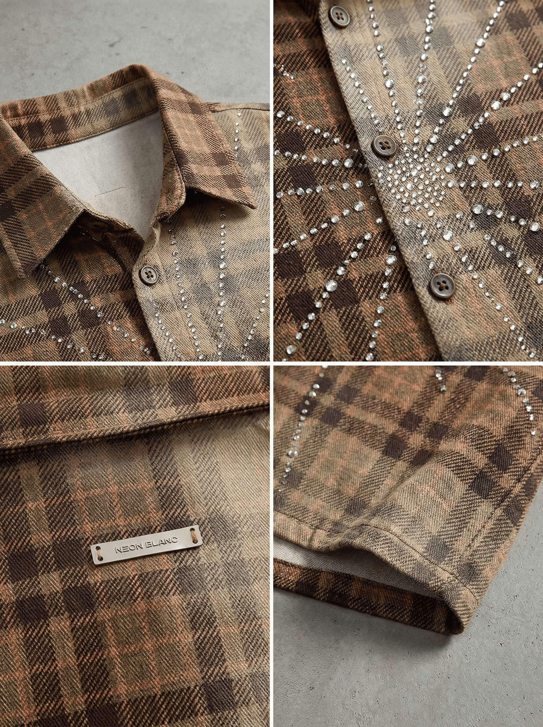 SPIDERWEB RHINESTONE BROWN PLAID SHIRT