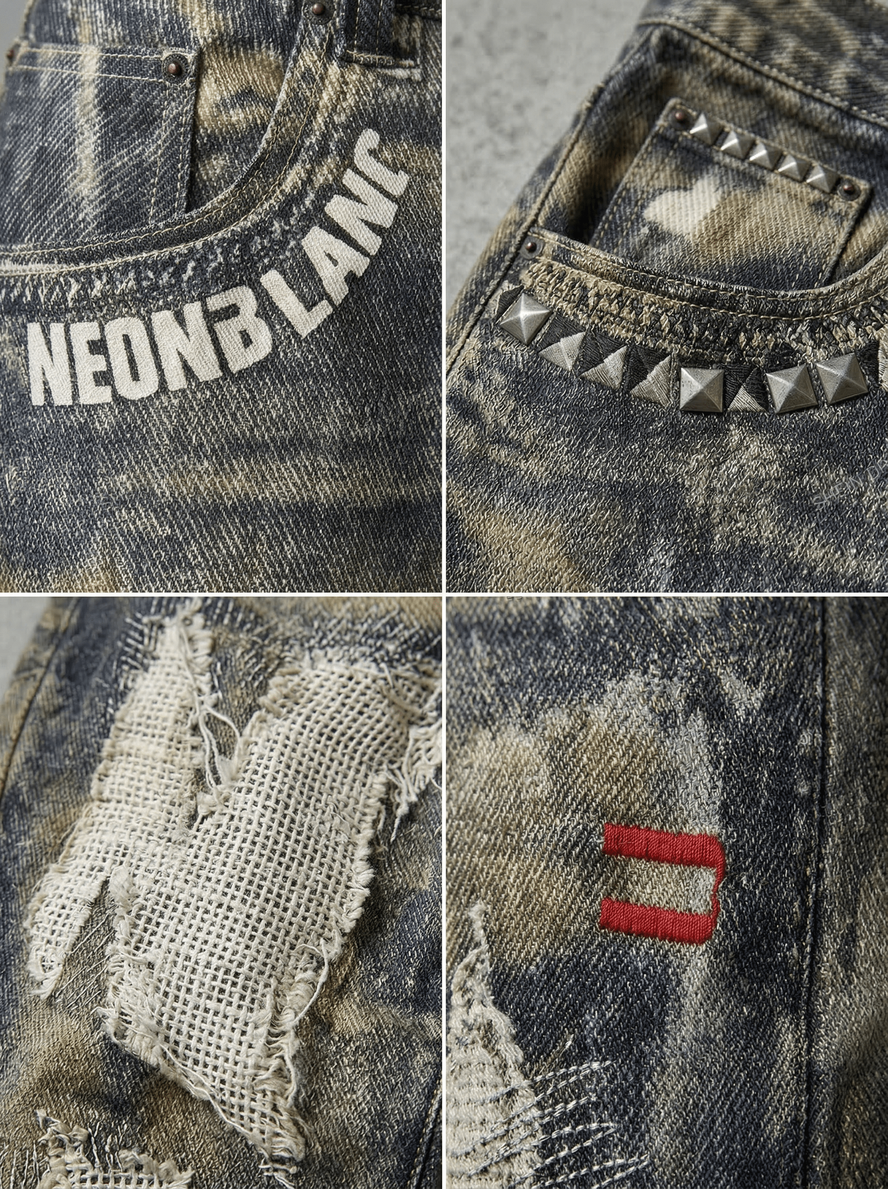 DISTRESSED PATCHWORK STUDDED BALLOON JEANS
