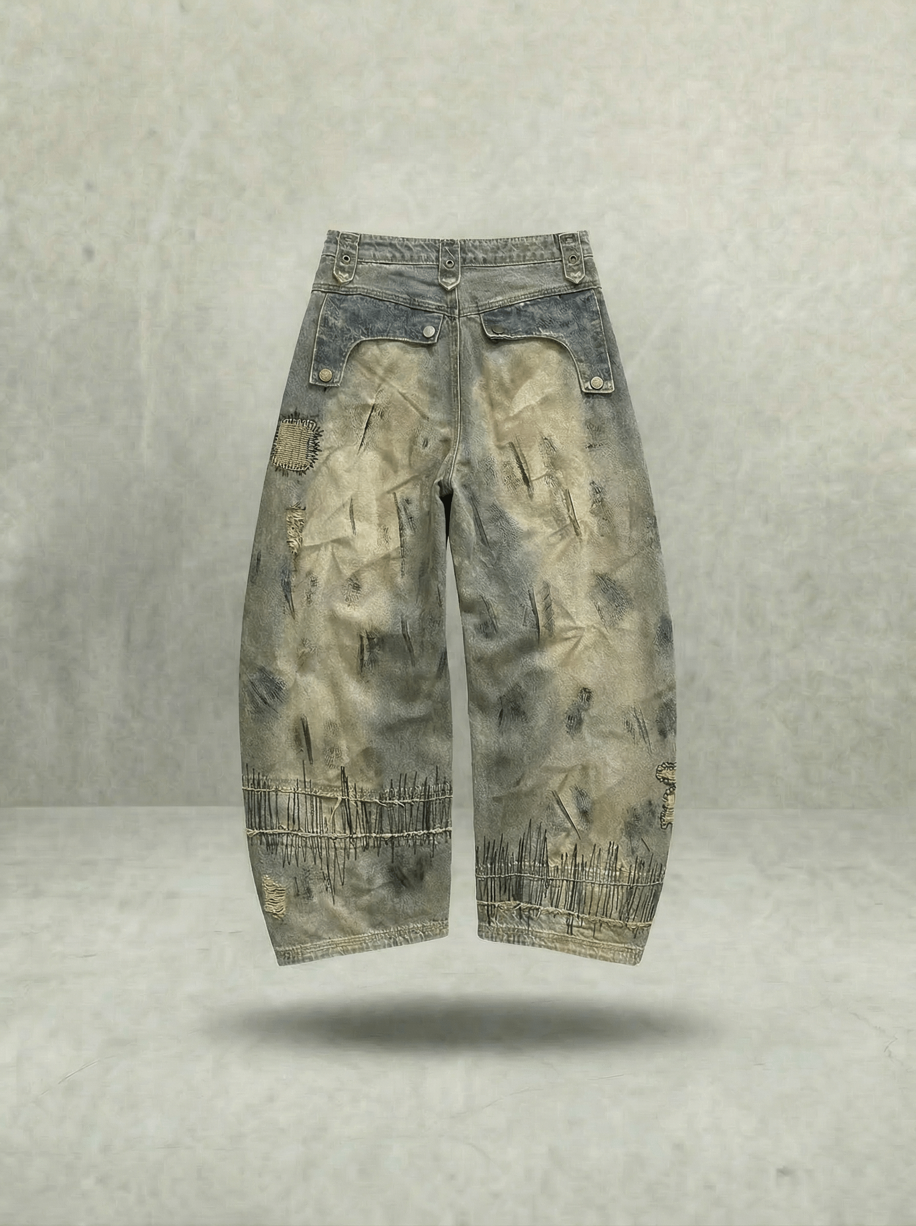 HAND STITCHED DISTRESSED BALLOON JEANS