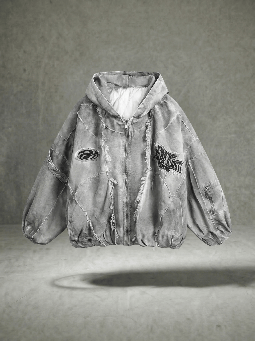 DISTRESSED FRINGE ZIP HOODIE