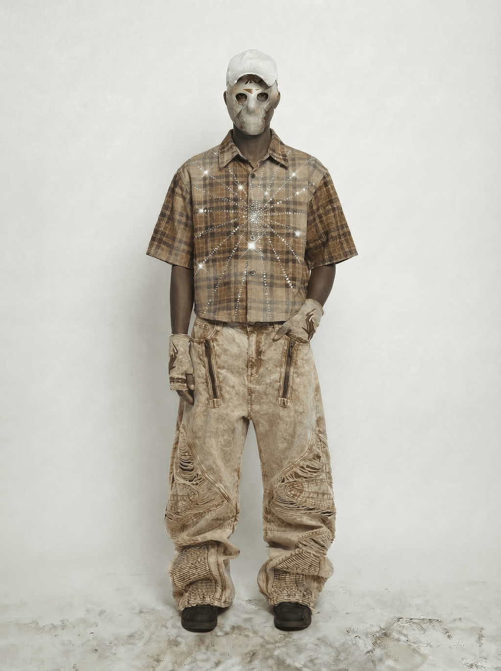 SPIDERWEB RHINESTONE BROWN PLAID SHIRT
