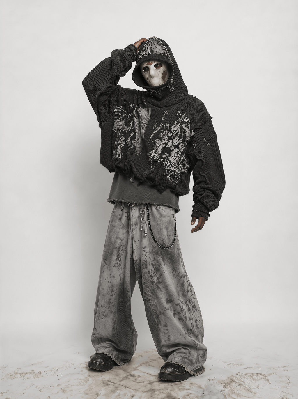 BLACK FLAG GRUNGE RAW SEAM KNIT HOODIE