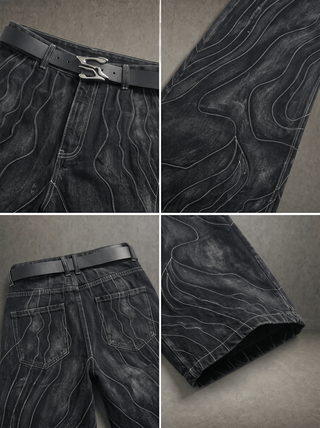TOPOGRAPHIC CONTOUR STITCH BALLOON JEANS