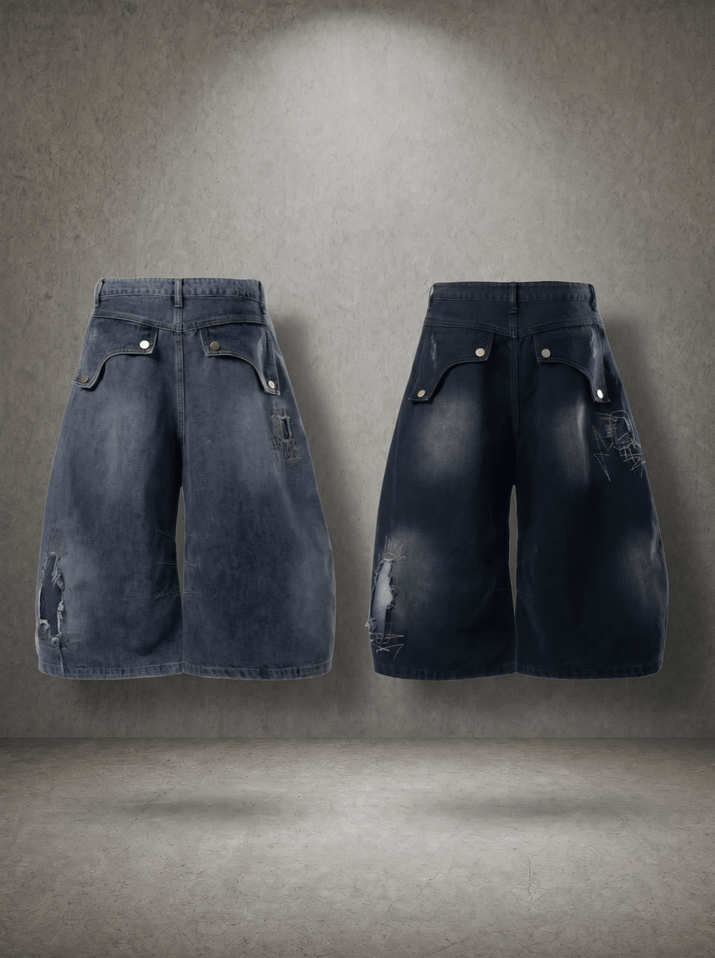 SHATTER STITCH FRINGED JUMBO DENIM JORTS
