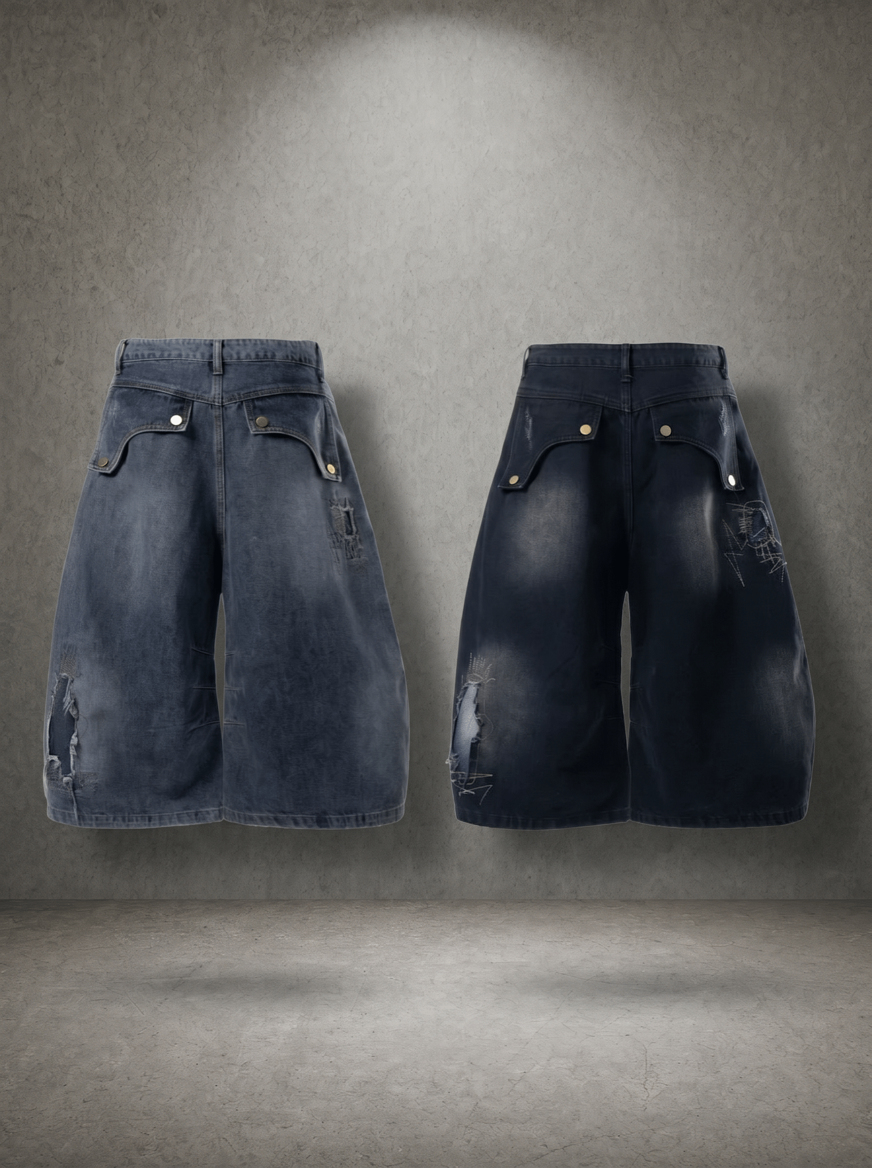 SHATTER STITCH FRINGED JUMBO DENIM JORTS