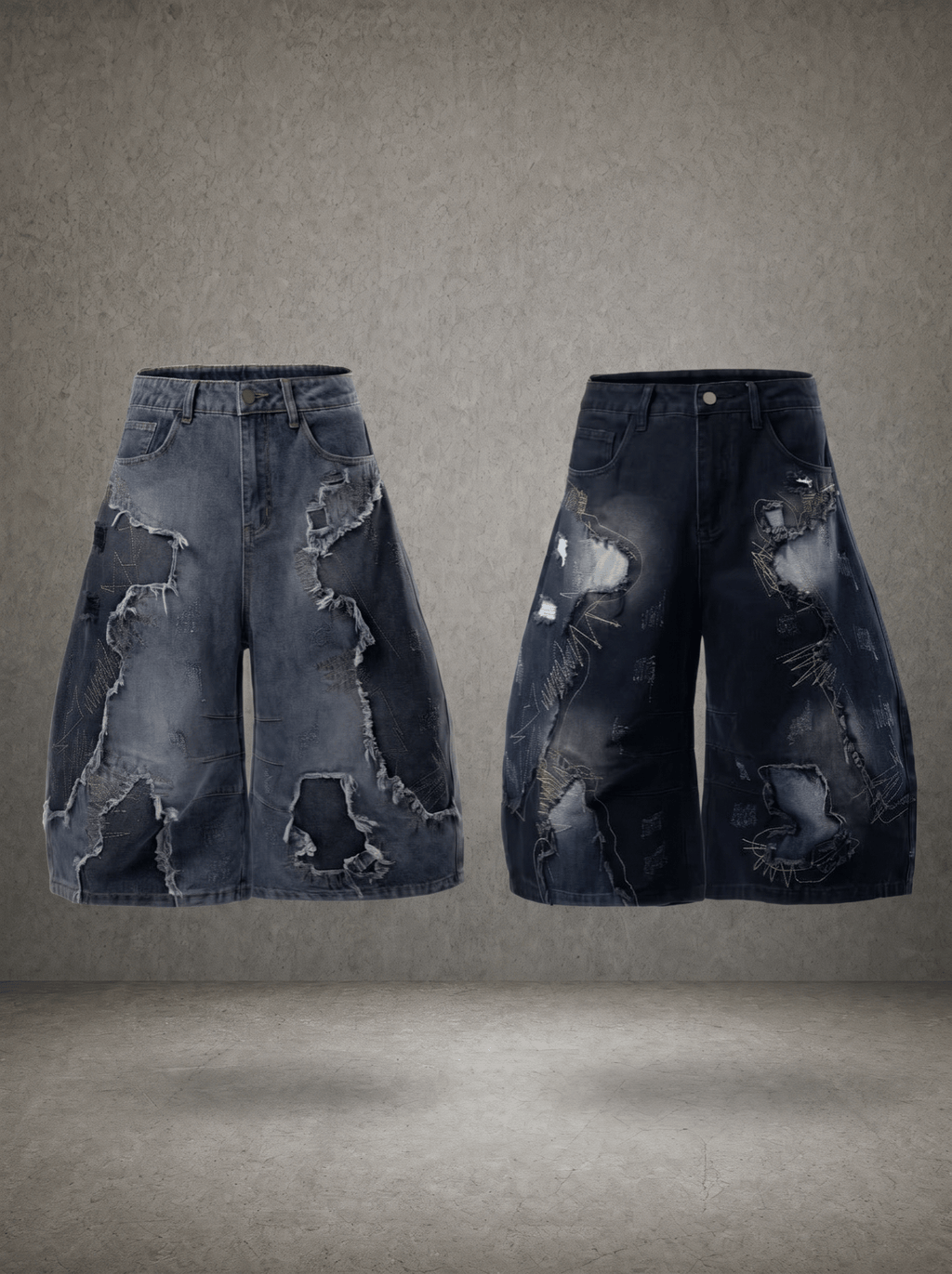 SHATTER STITCH FRINGED JUMBO DENIM JORTS