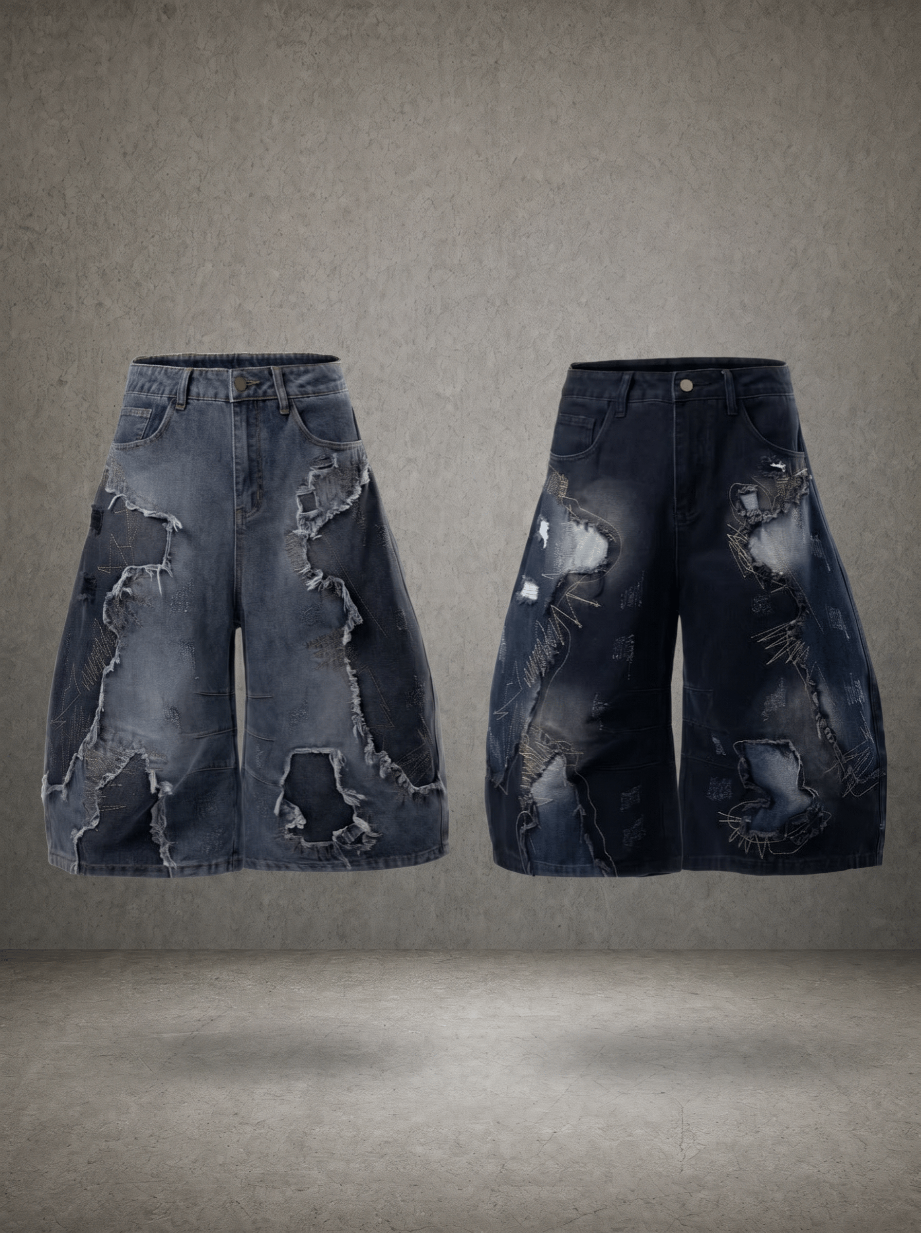 SHATTER STITCH FRINGED JUMBO DENIM JORTS