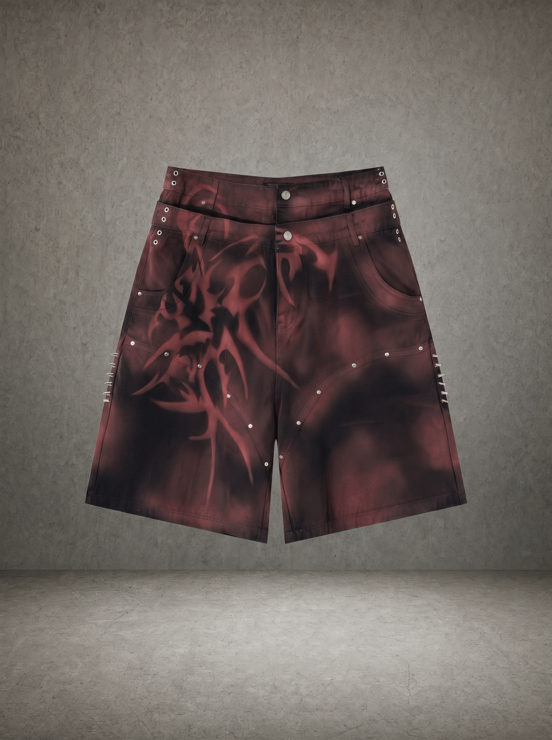 GOTHIC TRIBAL SPIKED DENIM SHORTS