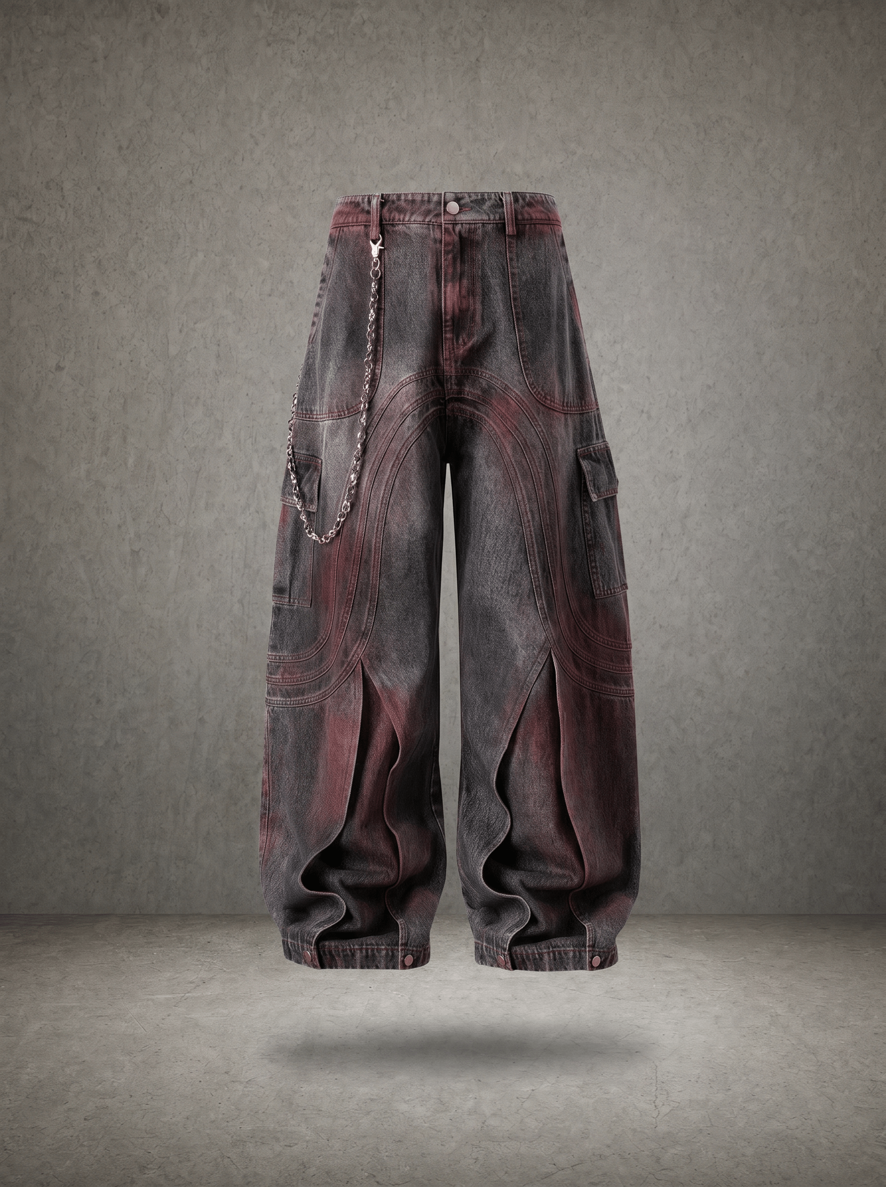 CRIMSON FADE ARC CARGO BAGGY DENIM