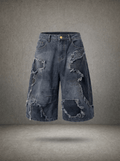SHATTER STITCH FRINGED JUMBO DENIM JORTS