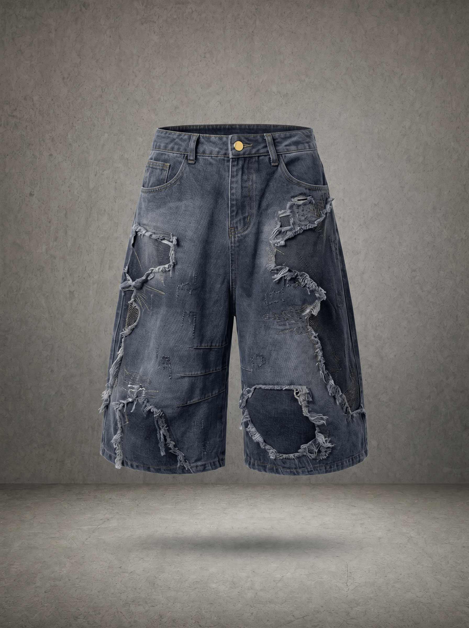 SHATTER STITCH FRINGED JUMBO DENIM JORTS