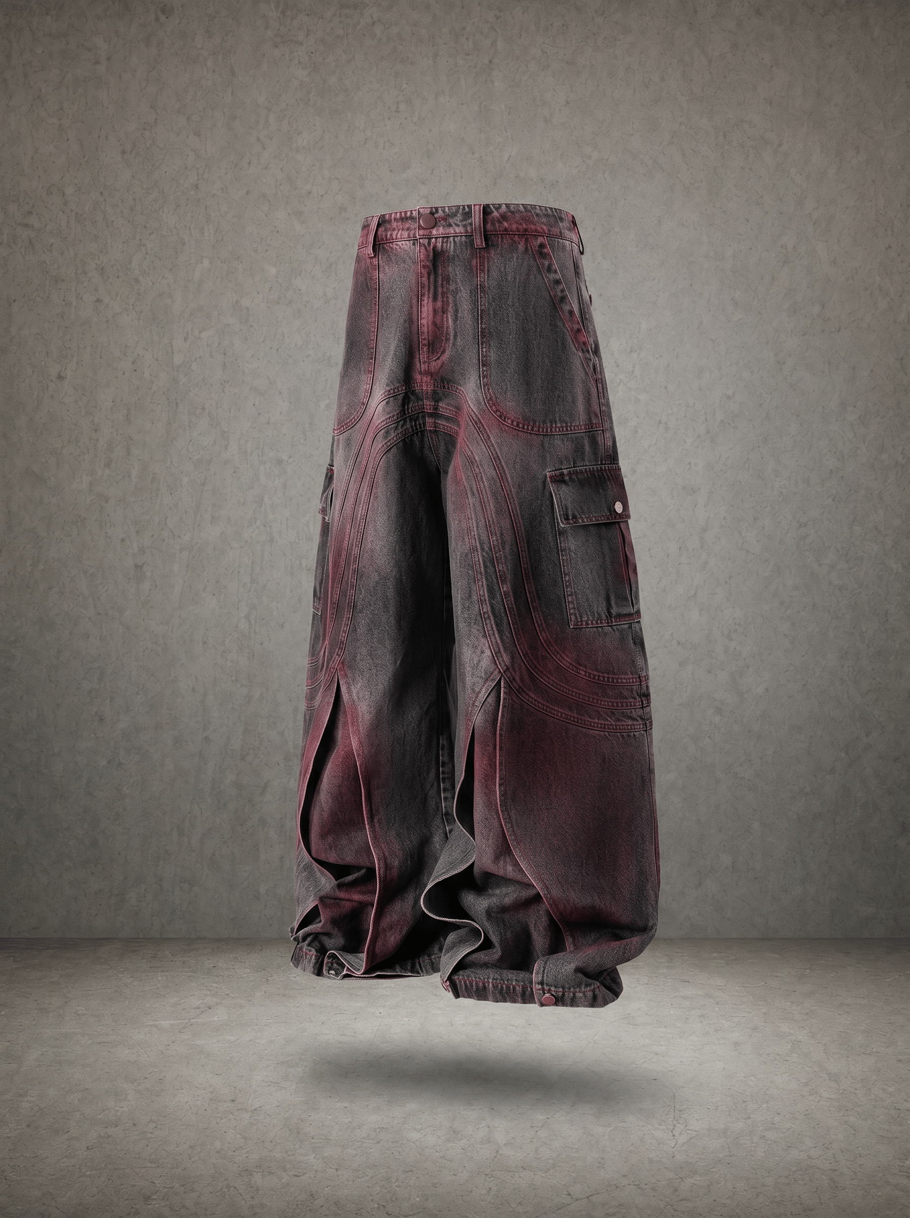 CRIMSON FADE ARC CARGO BAGGY DENIM
