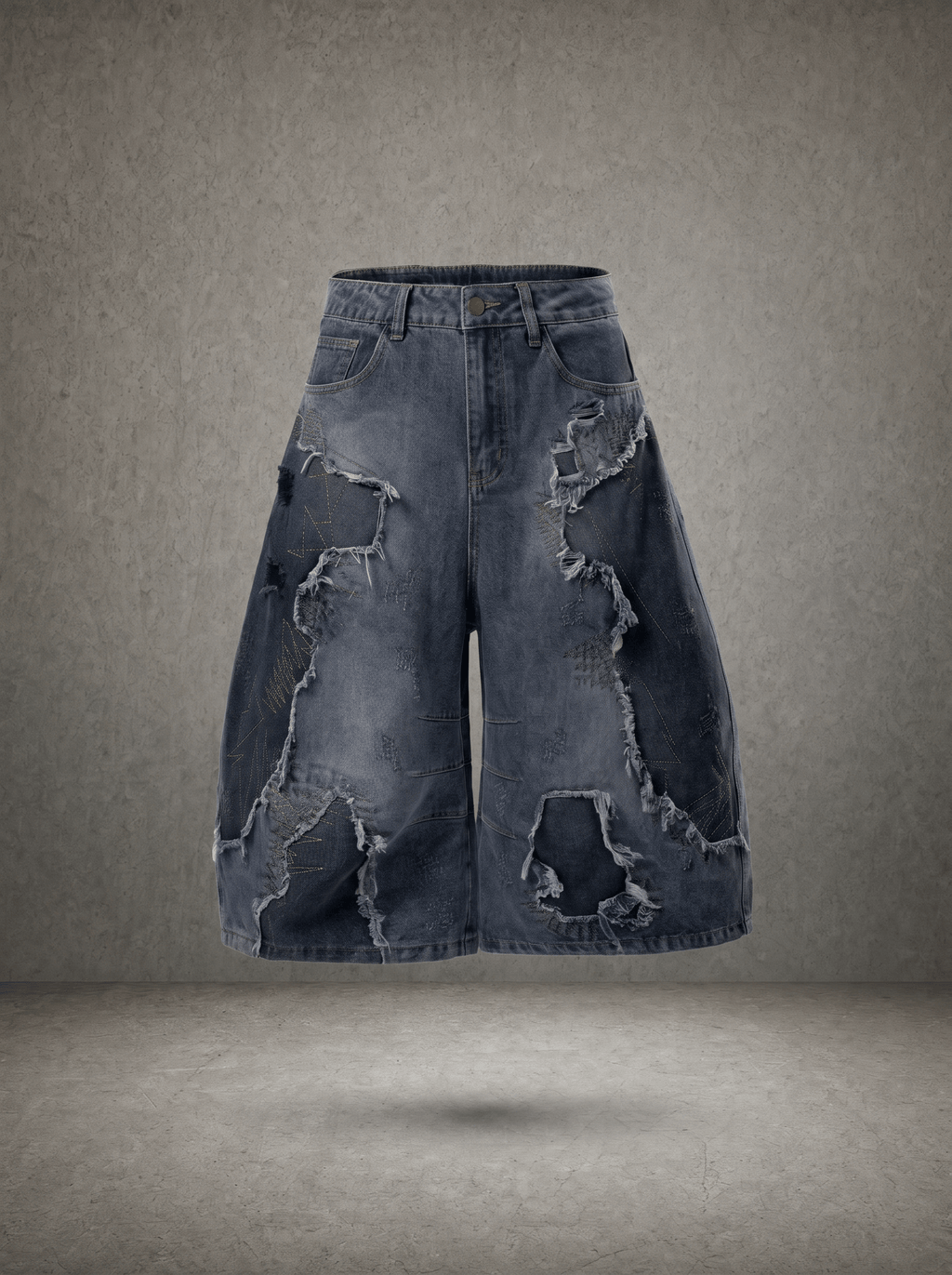 SHATTER STITCH FRINGED JUMBO DENIM JORTS