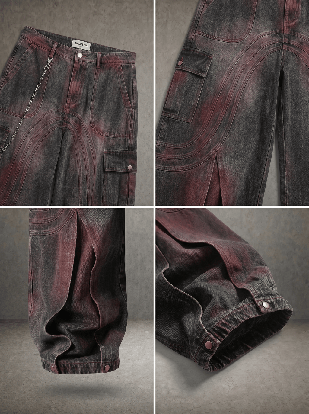CRIMSON FADE ARC CARGO BAGGY DENIM