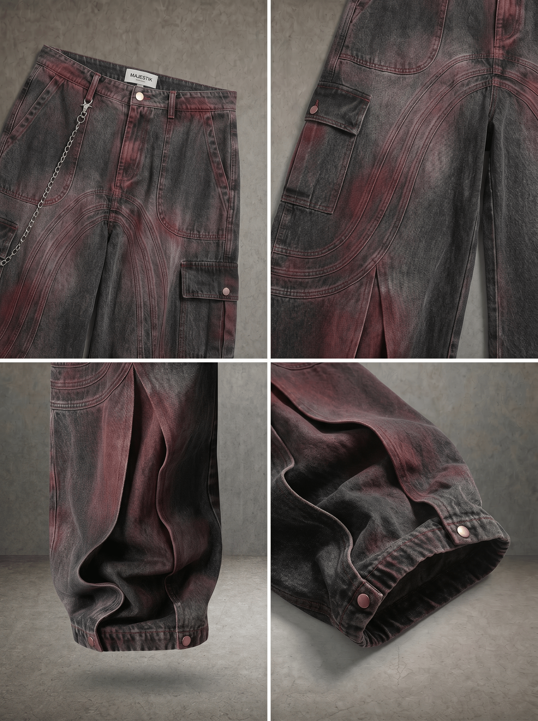 CRIMSON FADE ARC CARGO BAGGY DENIM