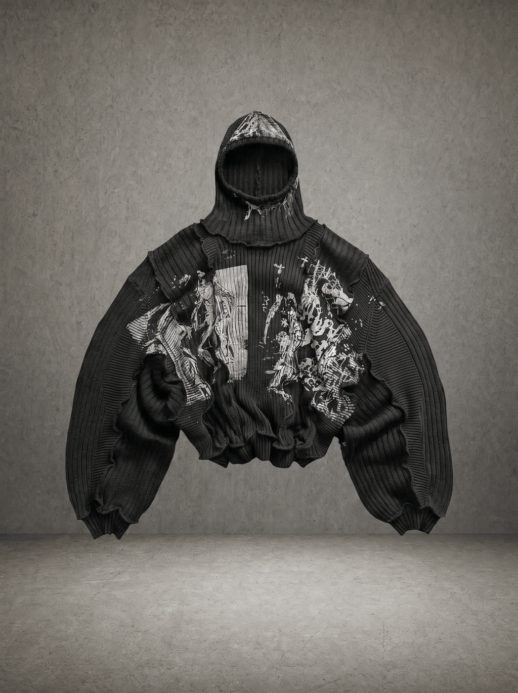 BLACK FLAG GRUNGE RAW SEAM KNIT HOODIE
