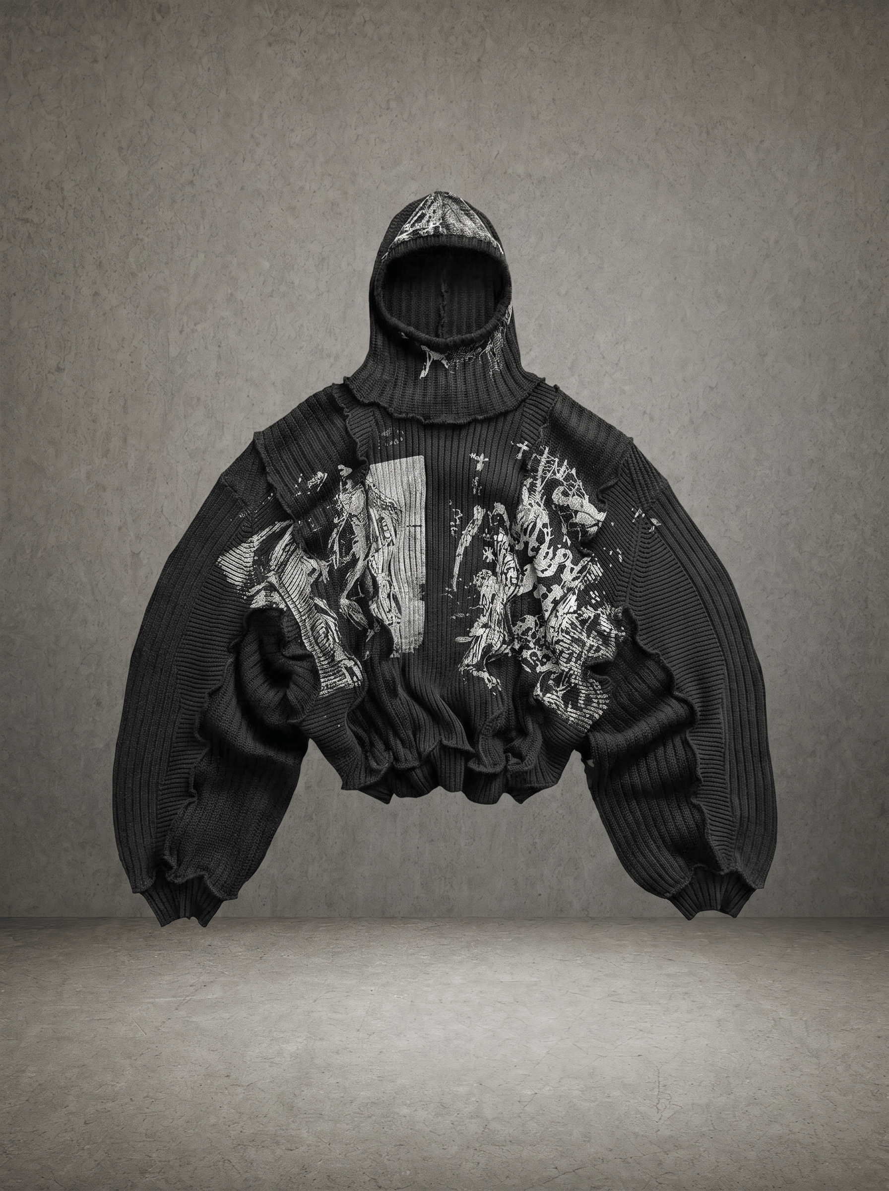 BLACK FLAG GRUNGE RAW SEAM KNIT HOODIE