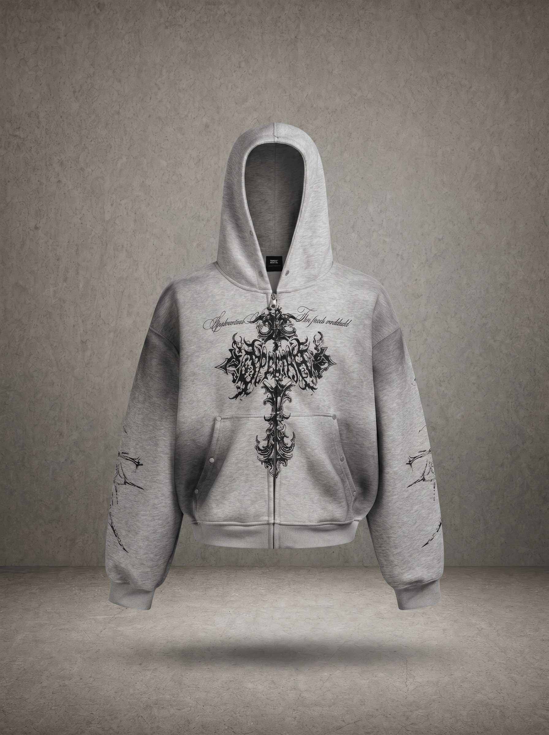 THORN CROSS GOTHIC SCRIPT CROPPED ZIP HOODIE