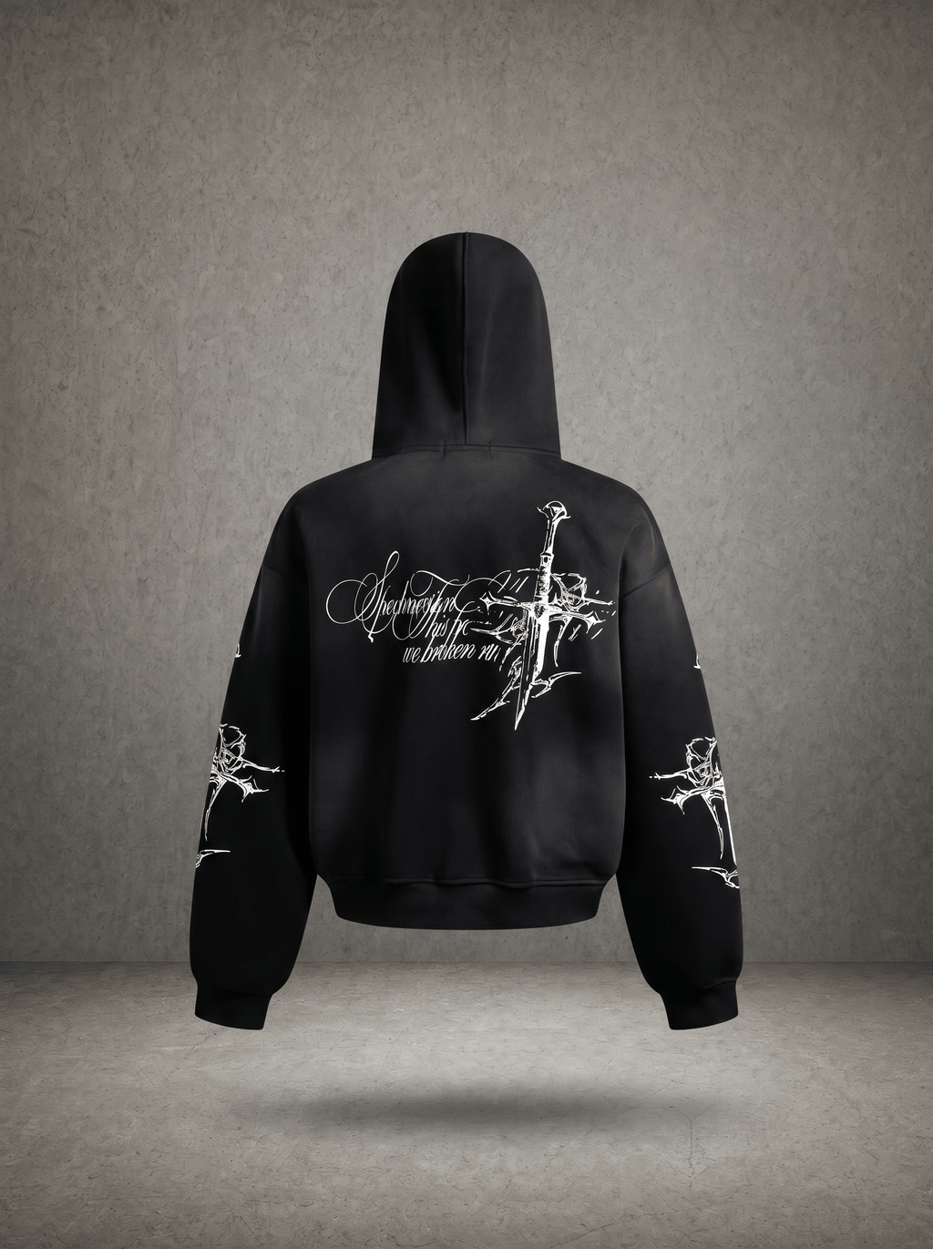 THORN CROSS GOTHIC SCRIPT CROPPED ZIP HOODIE