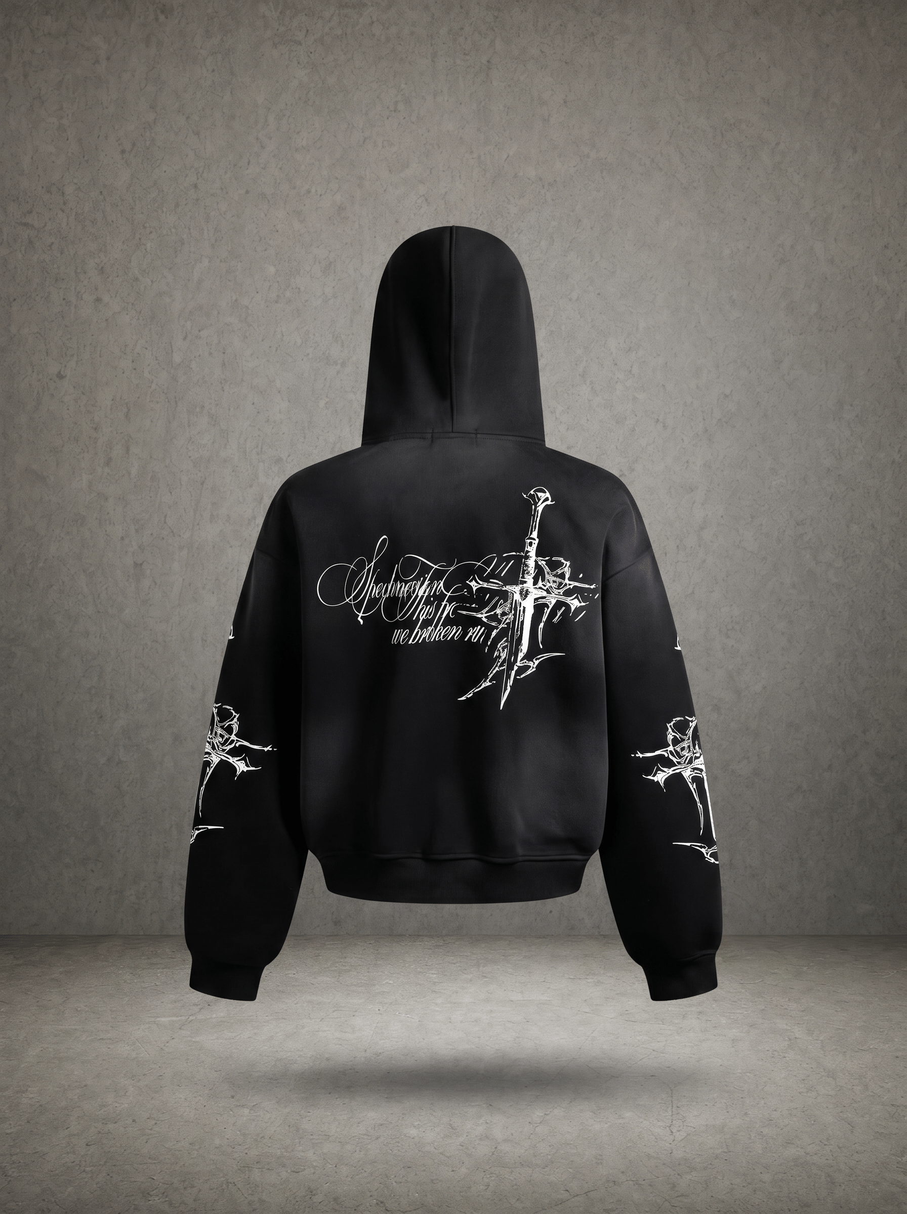 THORN CROSS GOTHIC SCRIPT CROPPED ZIP HOODIE