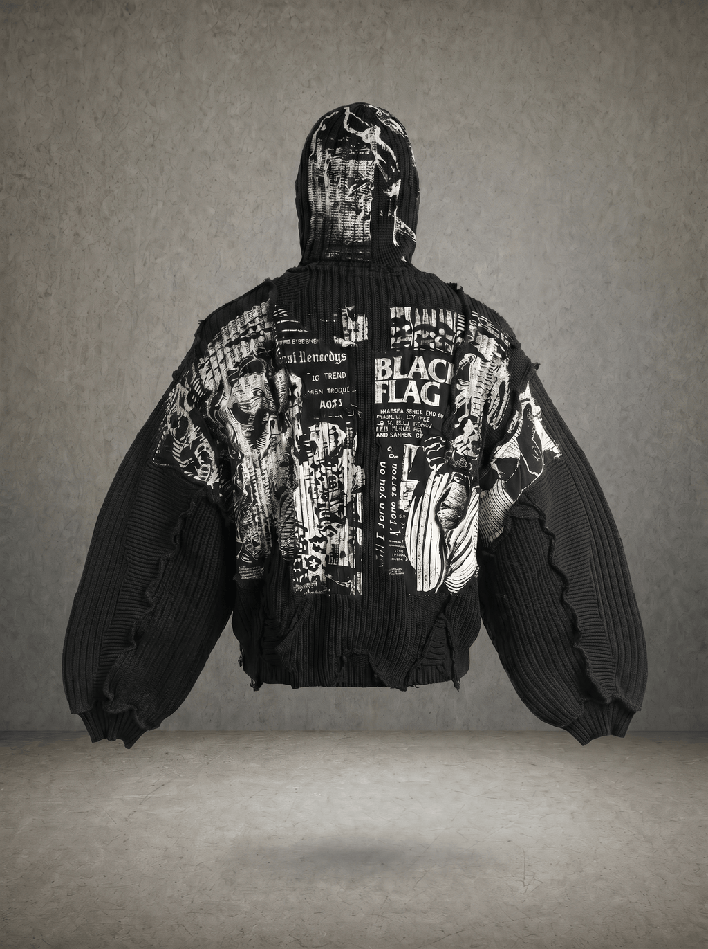 BLACK FLAG GRUNGE RAW SEAM KNIT HOODIE