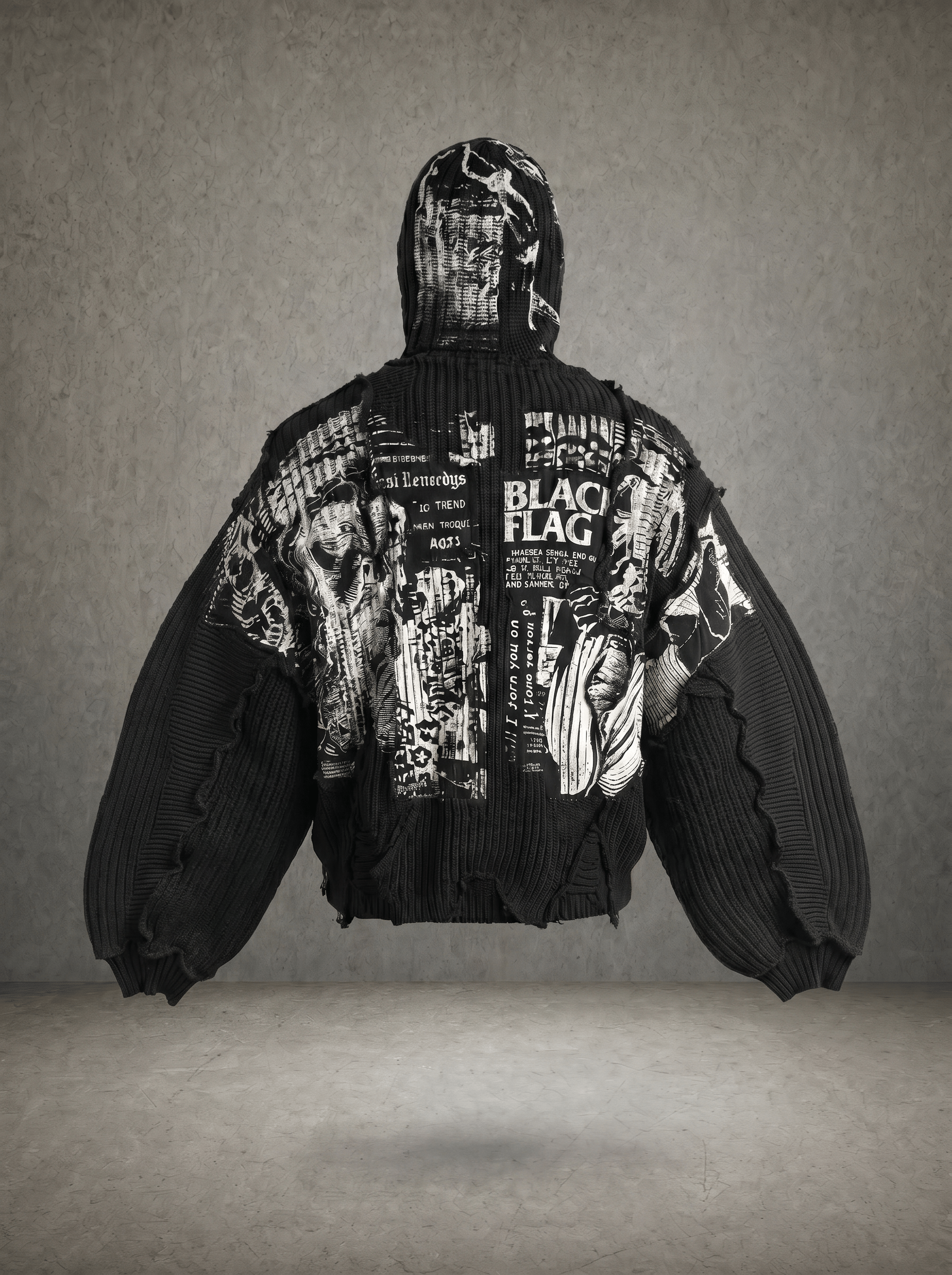 BLACK FLAG GRUNGE RAW SEAM KNIT HOODIE