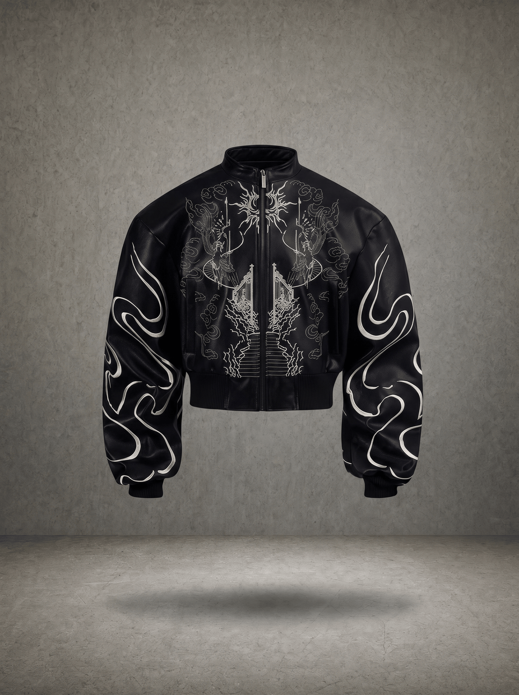 GATE OF DIVINE FLAME EMBROIDERY CROPPED LEATHER BOMBER