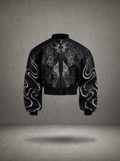 GATE OF DIVINE FLAME EMBROIDERY CROPPED LEATHER BOMBER