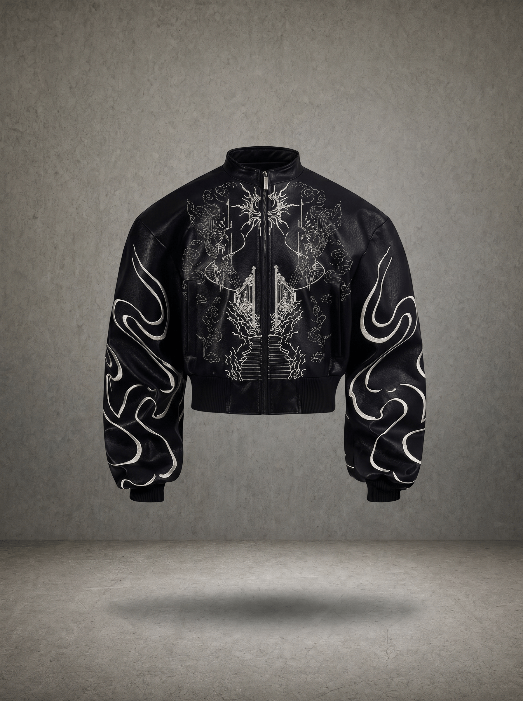GATE OF DIVINE FLAME EMBROIDERY CROPPED LEATHER BOMBER