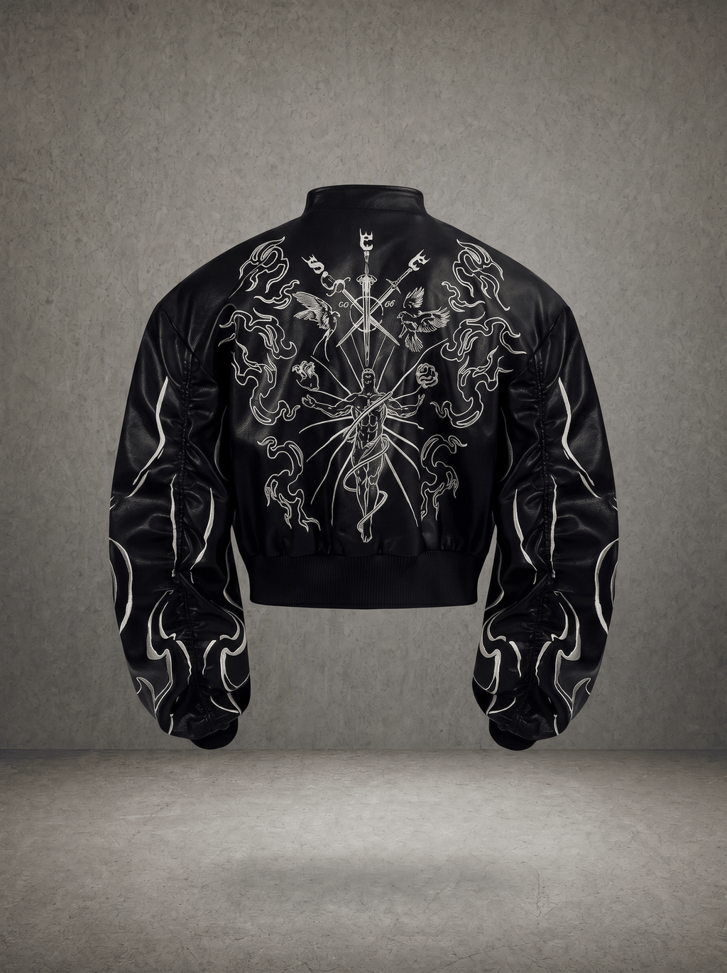 GATE OF DIVINE FLAME EMBROIDERY CROPPED LEATHER BOMBER