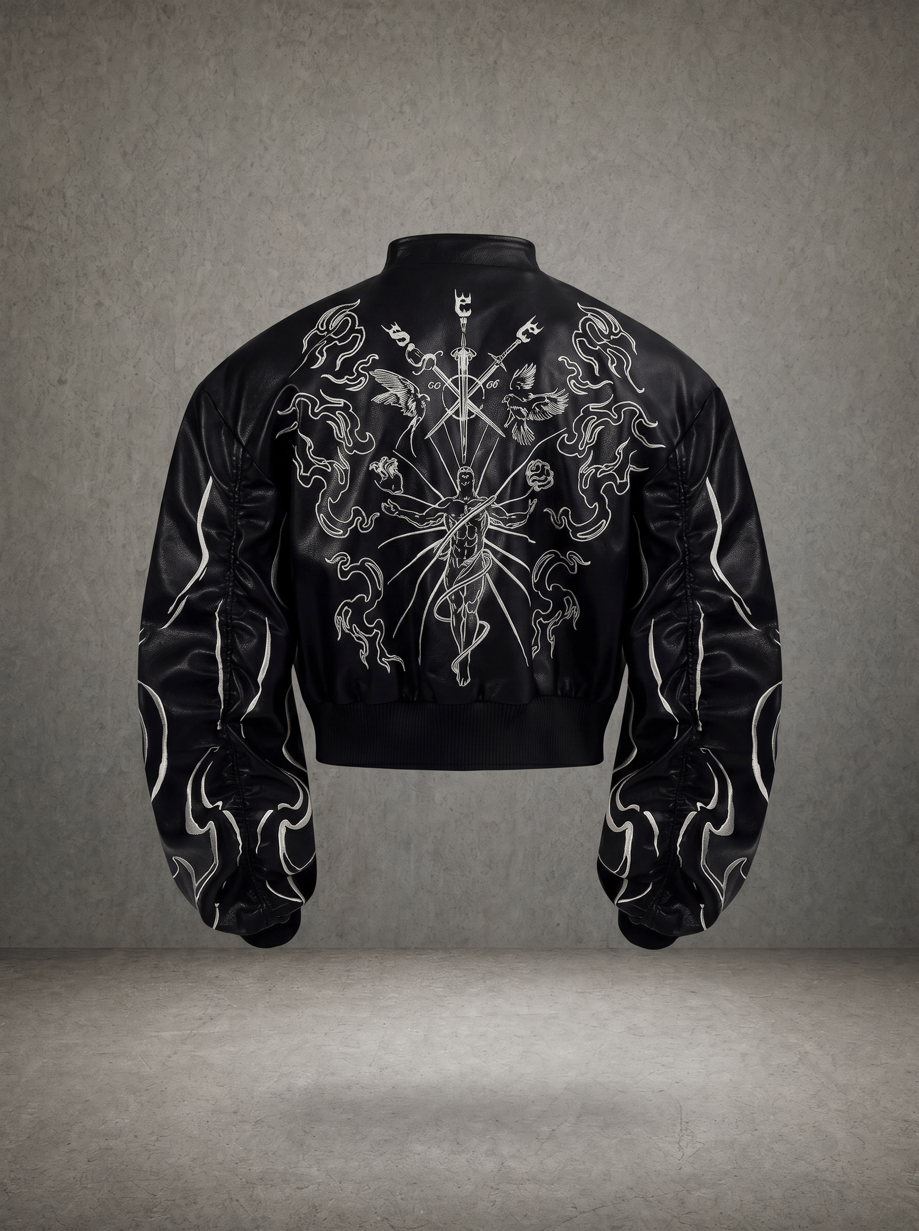 GATE OF DIVINE FLAME EMBROIDERY CROPPED LEATHER BOMBER