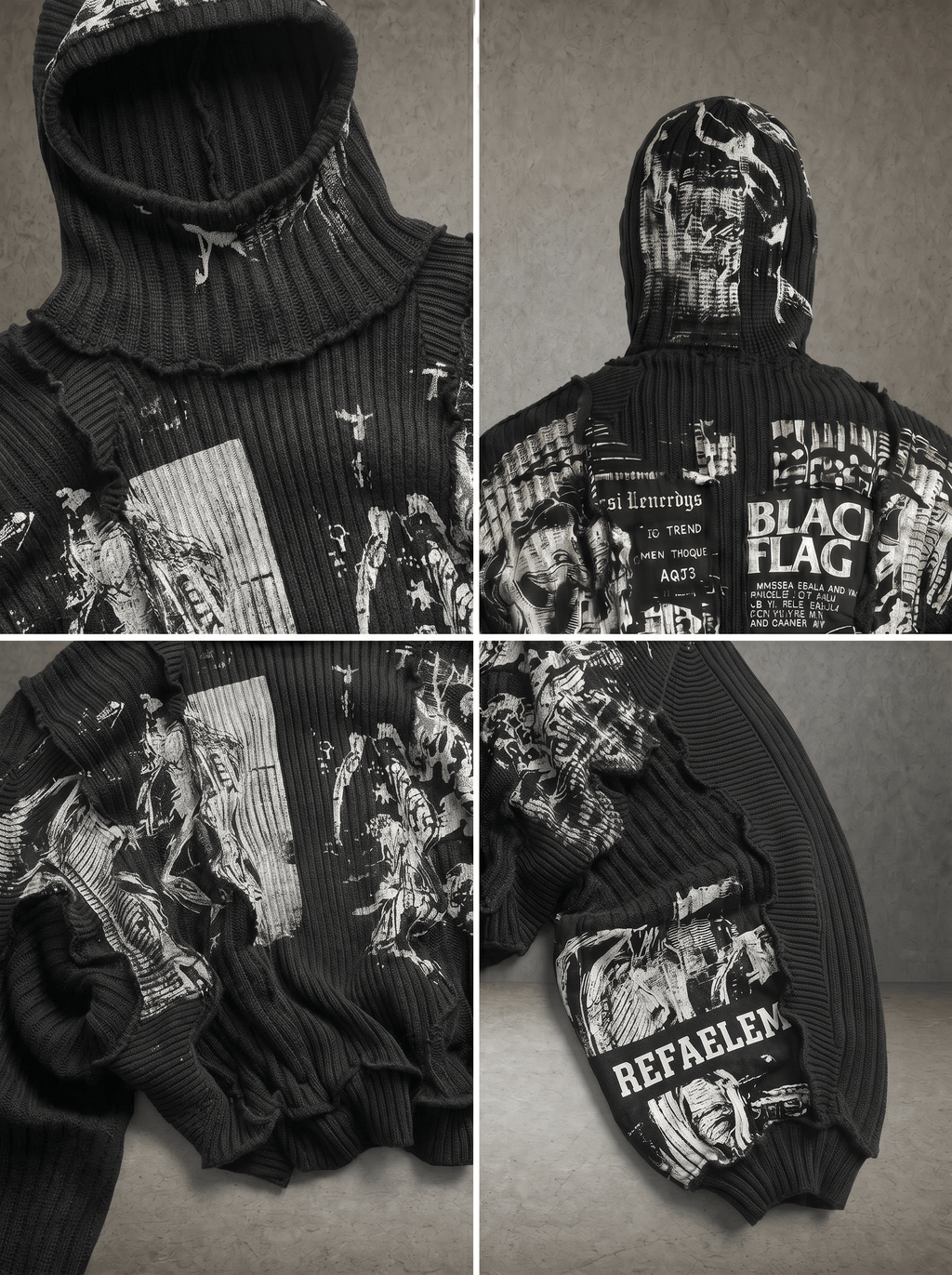 BLACK FLAG GRUNGE RAW SEAM KNIT HOODIE