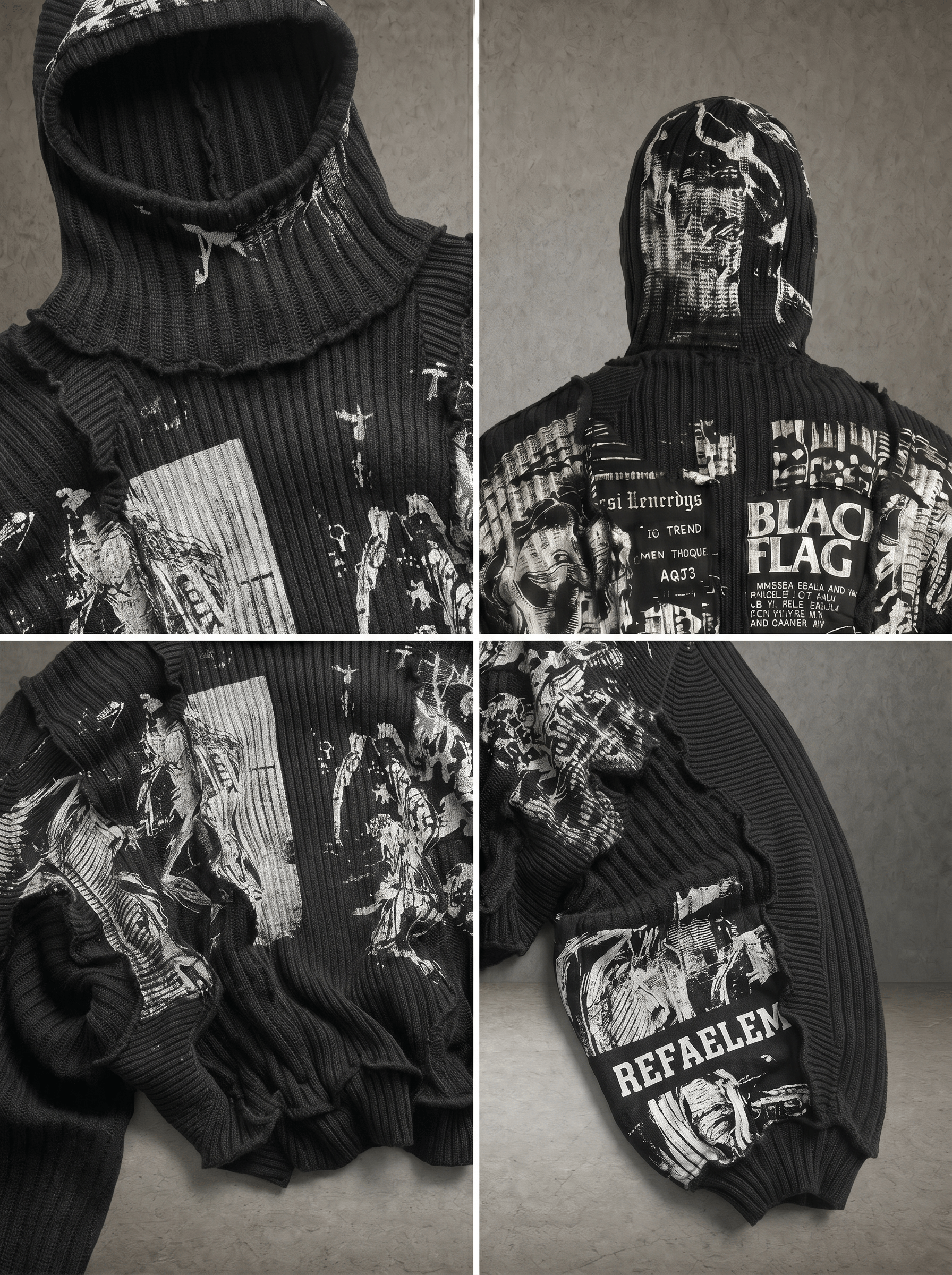 BLACK FLAG GRUNGE RAW SEAM KNIT HOODIE