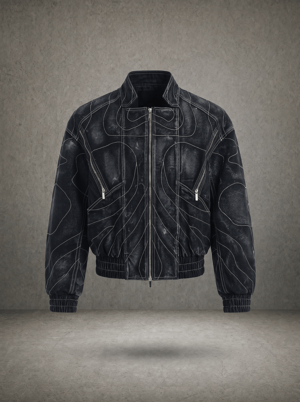 TOPOGRAPHIC CONTOUR STITCH WASHED BOMBER JACKET