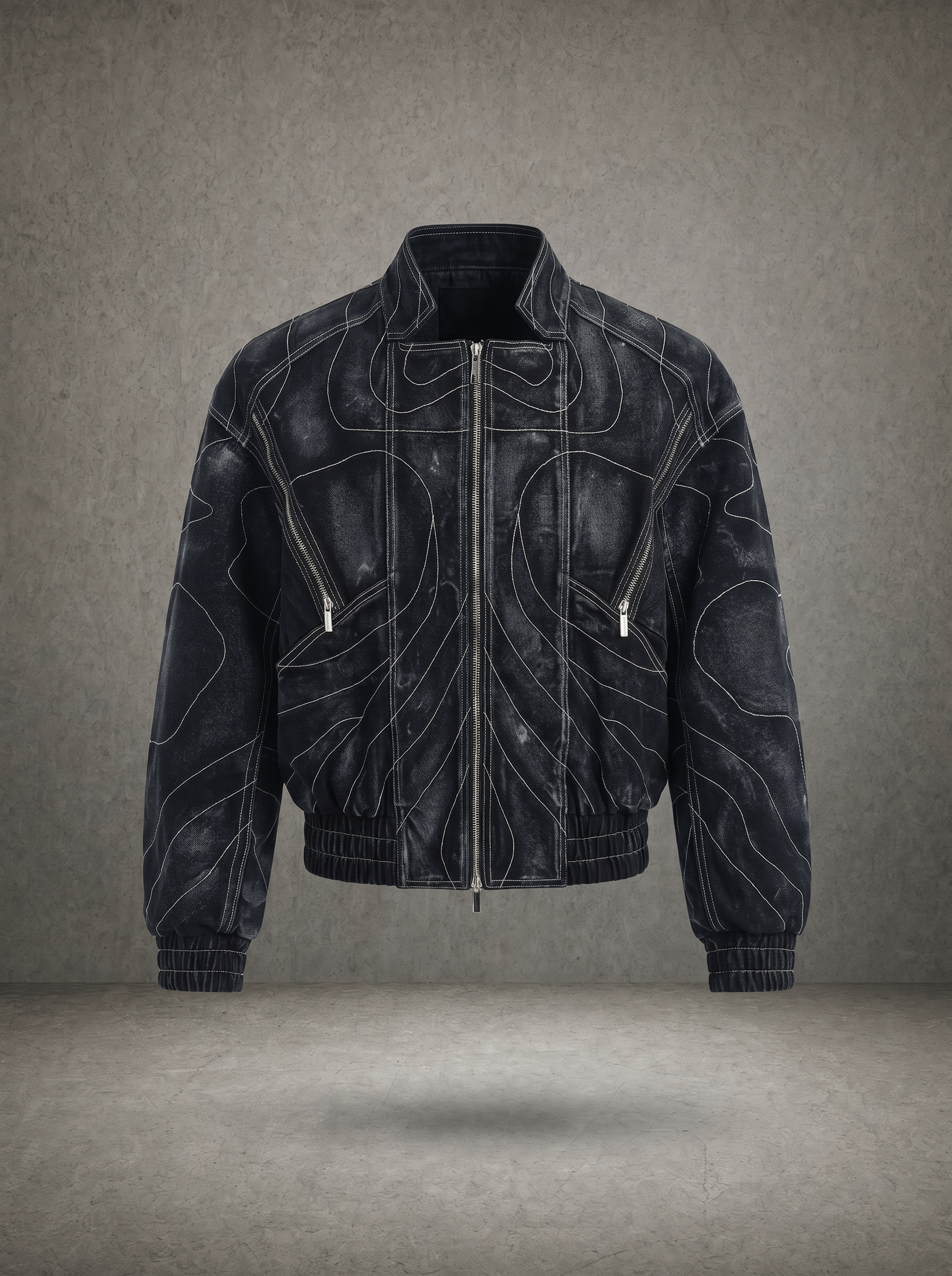 TOPOGRAPHIC CONTOUR STITCH WASHED BOMBER JACKET