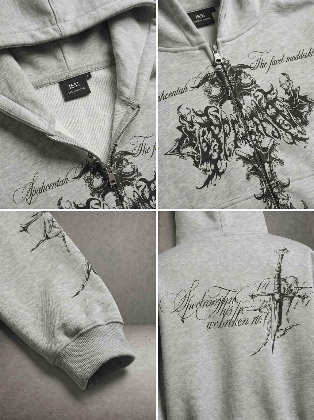 THORN CROSS GOTHIC SCRIPT CROPPED ZIP HOODIE