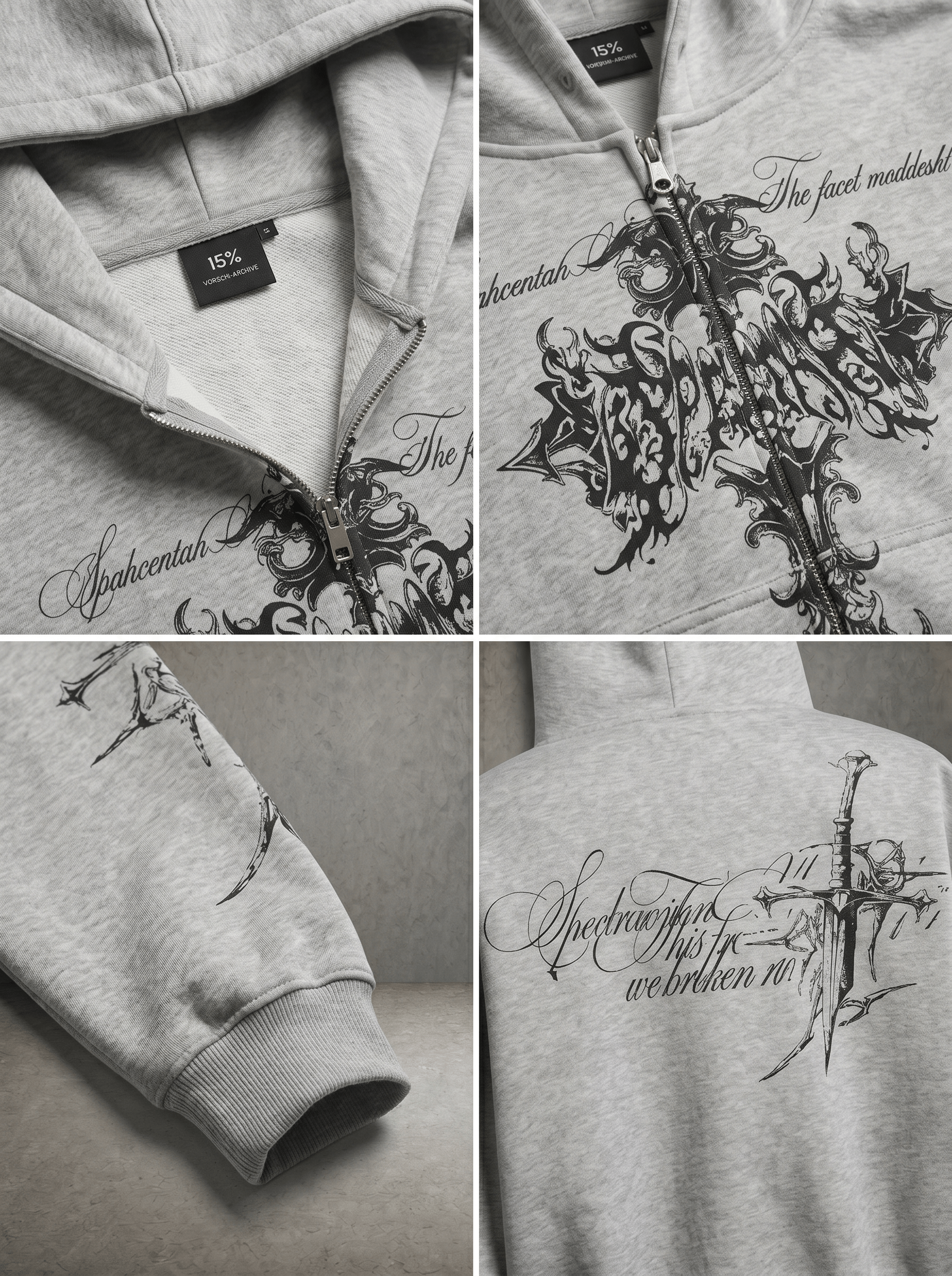 THORN CROSS GOTHIC SCRIPT CROPPED ZIP HOODIE