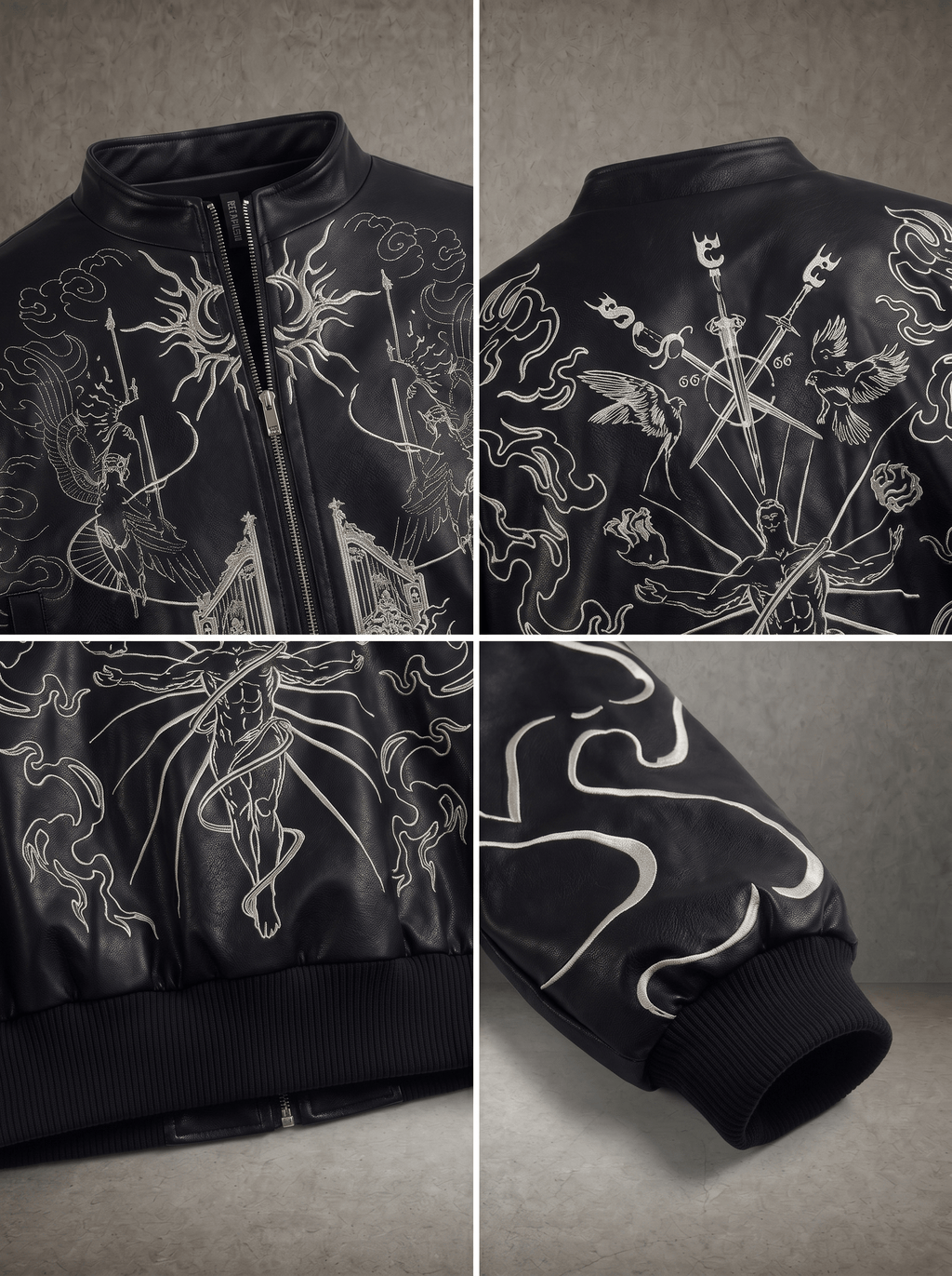 GATE OF DIVINE FLAME EMBROIDERY CROPPED LEATHER BOMBER