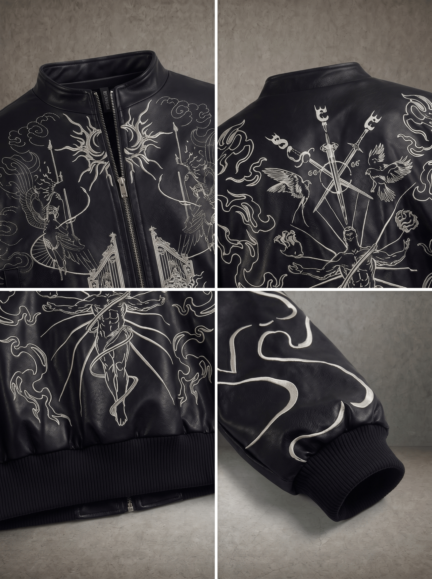 GATE OF DIVINE FLAME EMBROIDERY CROPPED LEATHER BOMBER